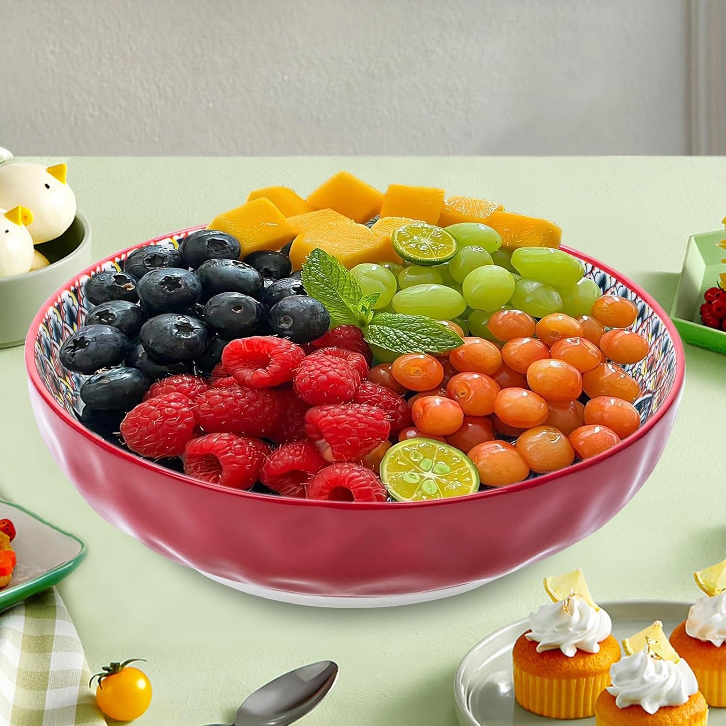 Large Serving Bowls, 75 Oz Fruit Salad Bowls Set of 2, Bohemian Style Large Porcelain Dishes for Entertaining Parties,Big Bowls for Salad, Pasta, Fruit, Chips, 10.3 Inch Diameter (green.red)