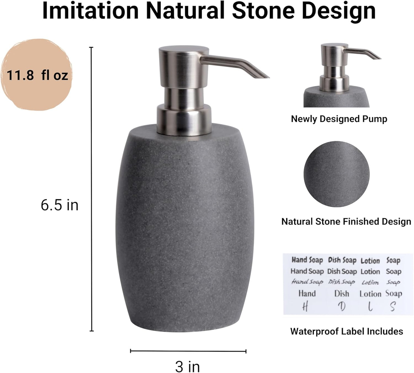 Sandstone Textured Resin Soap Dispenser with Metallic Pump and Waterproof Bottle Labels for Bathroom Kitchen Dish Hand Wash Shower Lotion Shampoo, 12 Oz, Gray