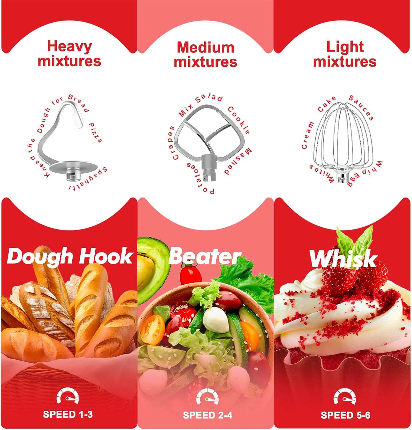 Kitchen in the box Stand Mixer, 6.5QT 660W Kitchen Electric Mixer, 6-Speed Tilt-Head Food Mixer with Dough Hook, Wire Whip, Beater, Dishwasher Safe (Red)