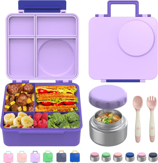 Bento Box for Kids - Leak-Proof Lunch Box with Insulated Thermos Food Jar - 4 Compartments, 1 Removable Divider, 1Spoon, 1 Fork - Dishwasher Safe, BPA-Free (Light purple)