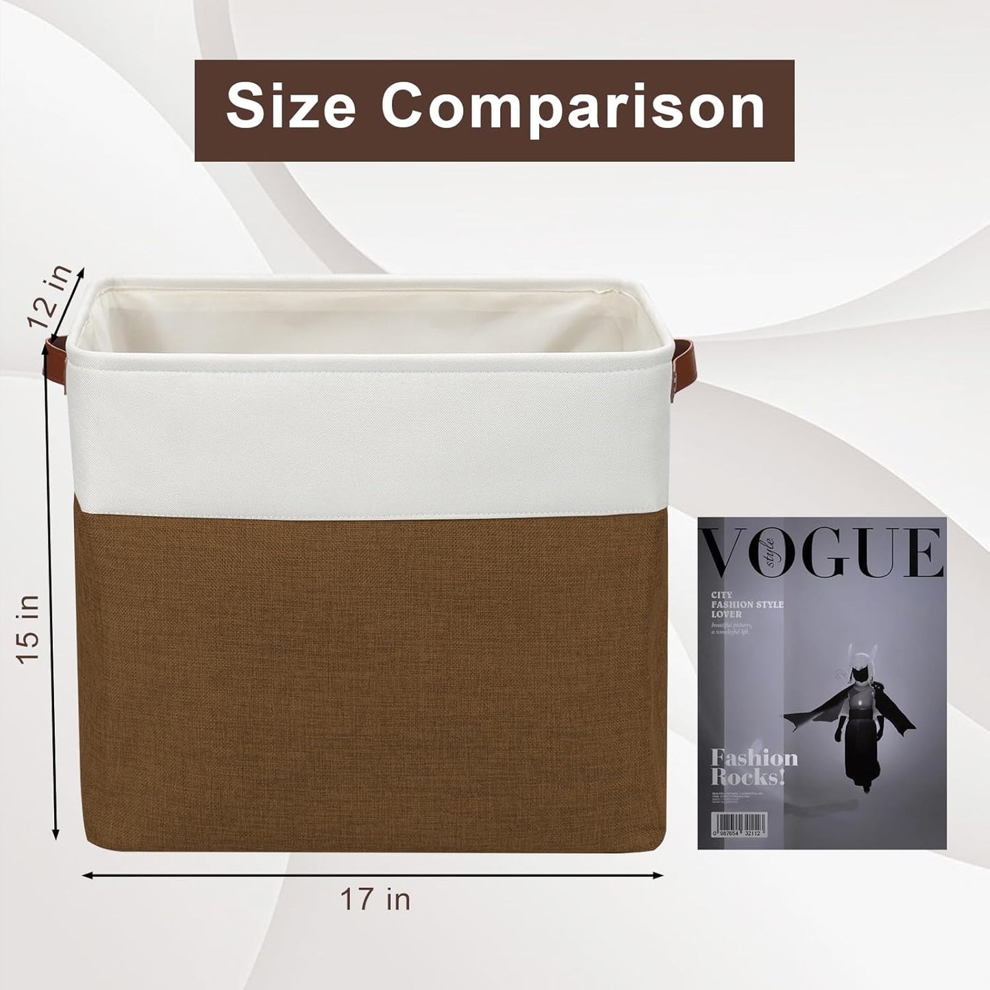 Large Fabric Storage Baskets | 50L Storage Bins, Decorative Linen Closet Baskets with Handles for Organizing, Shelf, Toys, Clothes, Home, Office, Nursery, 17x12x15Inches (Brown&White)