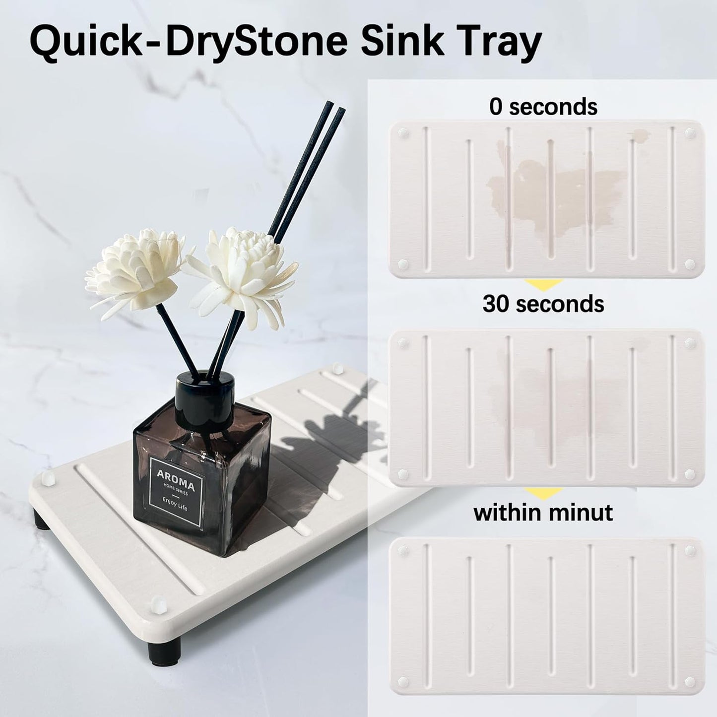2PCS Water Absorbing Stone Drying Mat for Bathroom Sink & Kitchen Counter Organizer, Instant Dry Soap Dispenser Sponge Holder, Sink Caddy, Vanity Tray (8.66"x4.33"-White)