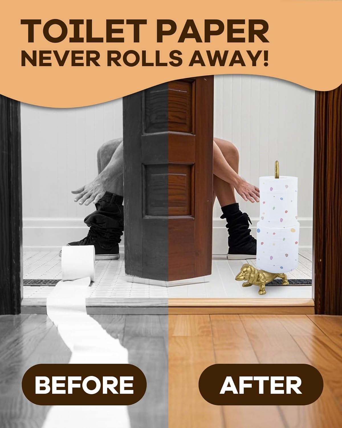 Gold Dog Paper Towel Holder for Kitchen & Bathroom - Decorative Cast Iron Free Standing Paper Roll Stand with Heavy Base, Slim Design Counter Organizer for Home, Apartment & Office