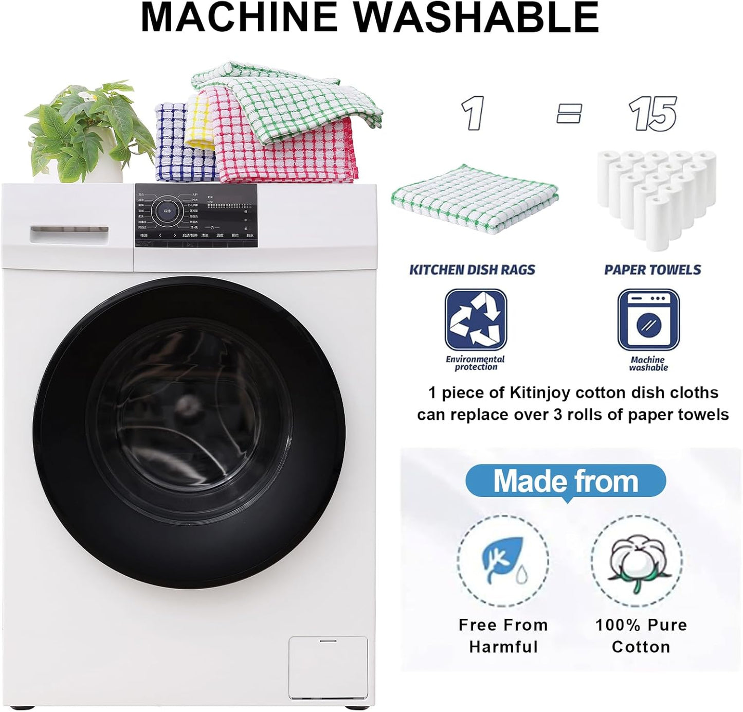 Kitinjoy Cotton 12 Pack Kitchen Towels and Dishcloths Sets, 16 x 25 Inch & 12 X 12 Inch Dish Towels Bulk, Super Soft and Absorbent Hand Towels for Kitchen Drying, Green