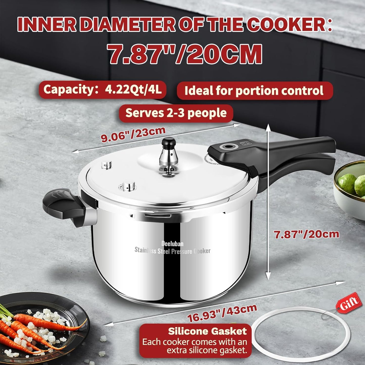 4 Quart Stainless Steel Pressure Cooker, Deeluban All Stovetops Induction Compatible Thickened Pressure Cooker with Spring Valve Safeguard Devices for Home and Commercial Use