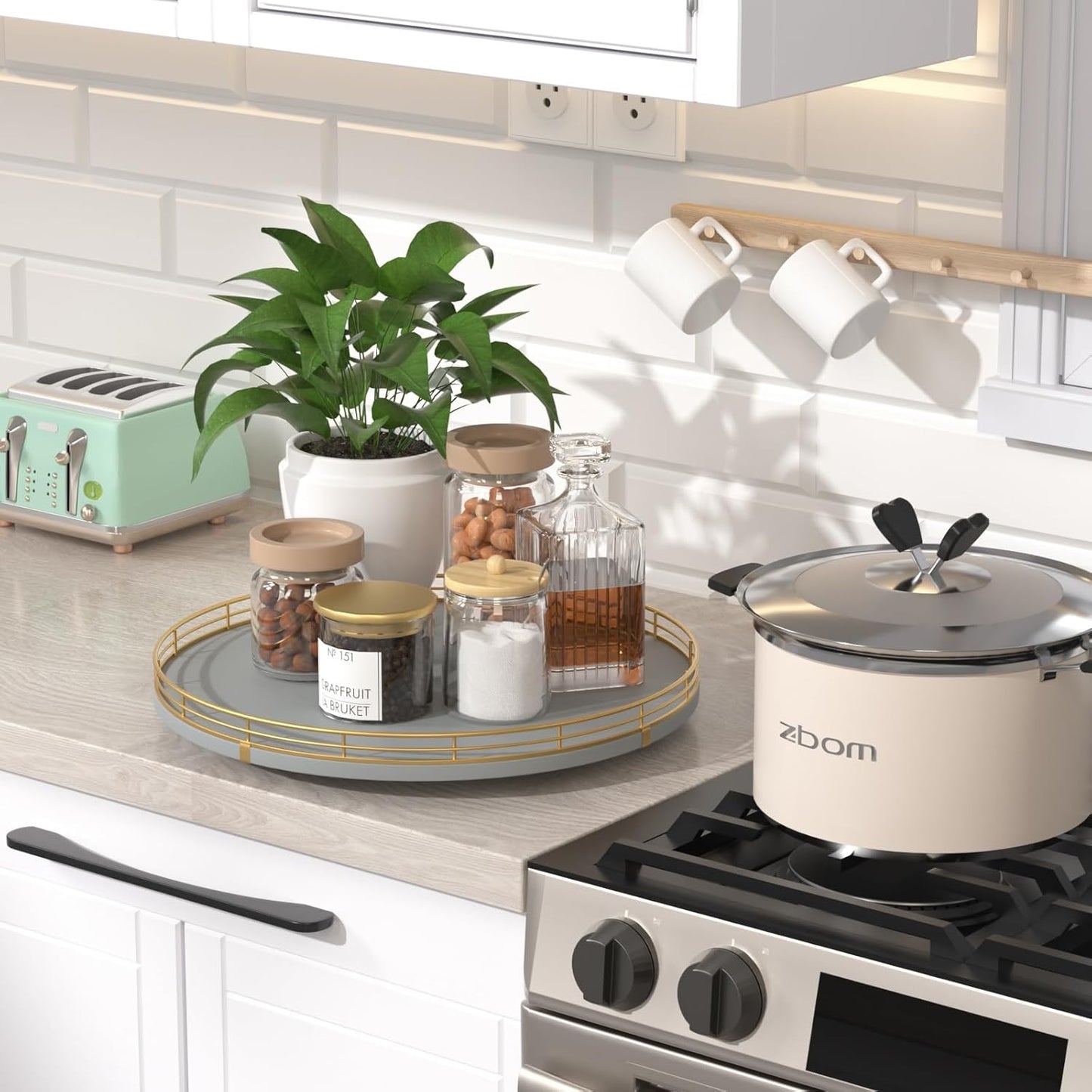 13" Wooden Lazy Susan Turntable for Cabinet – Round Rotating Spice Rack Organizer, Gray Kitchen Countertop Tray for Dining Table & Pantry Storage（Gray & Gold）