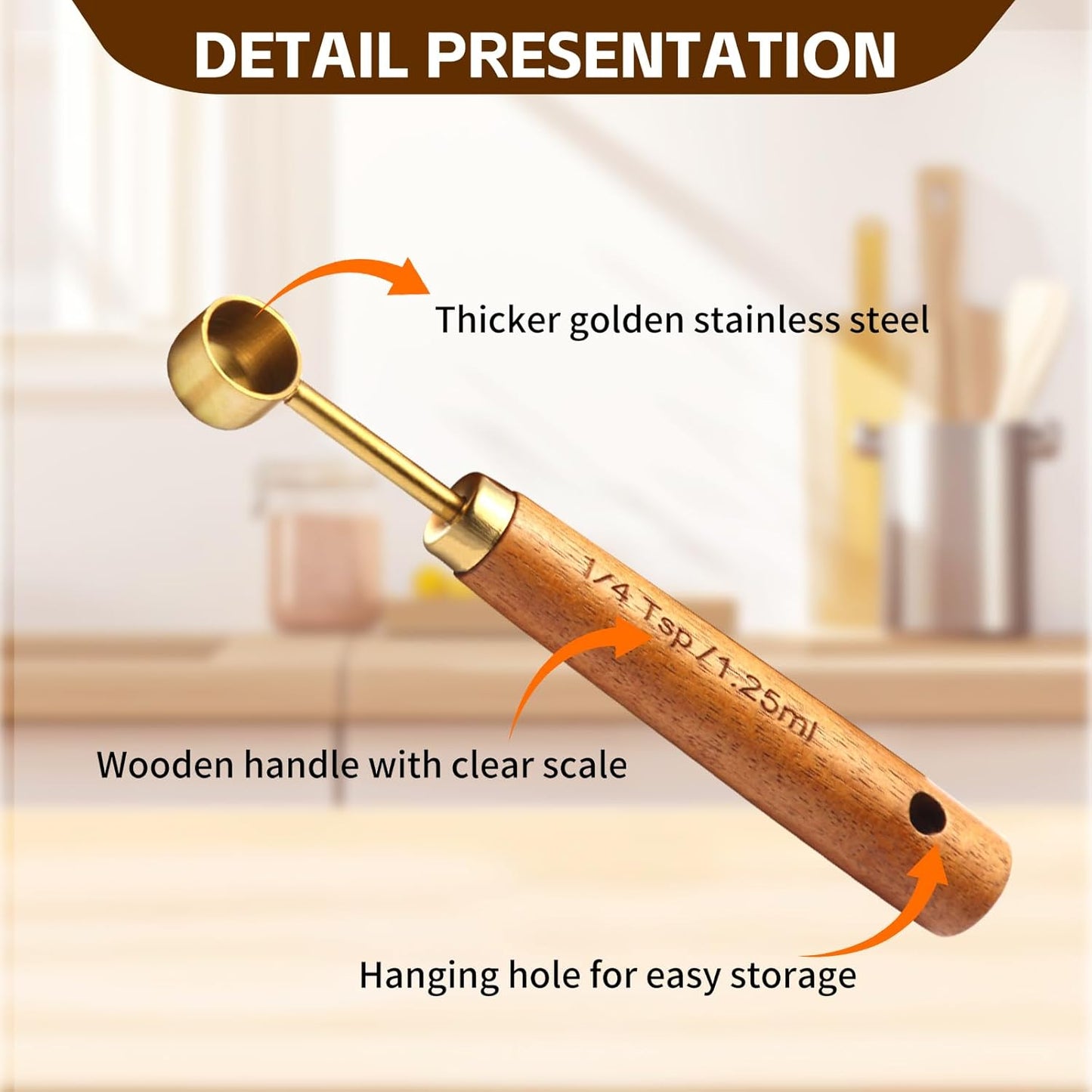 Gold Measuring Cups and Spoons Set of 4, Golden Stainless Steel Measuring Cups with Wooden Handles brass Measuring Spoons Set for Baking Supplies