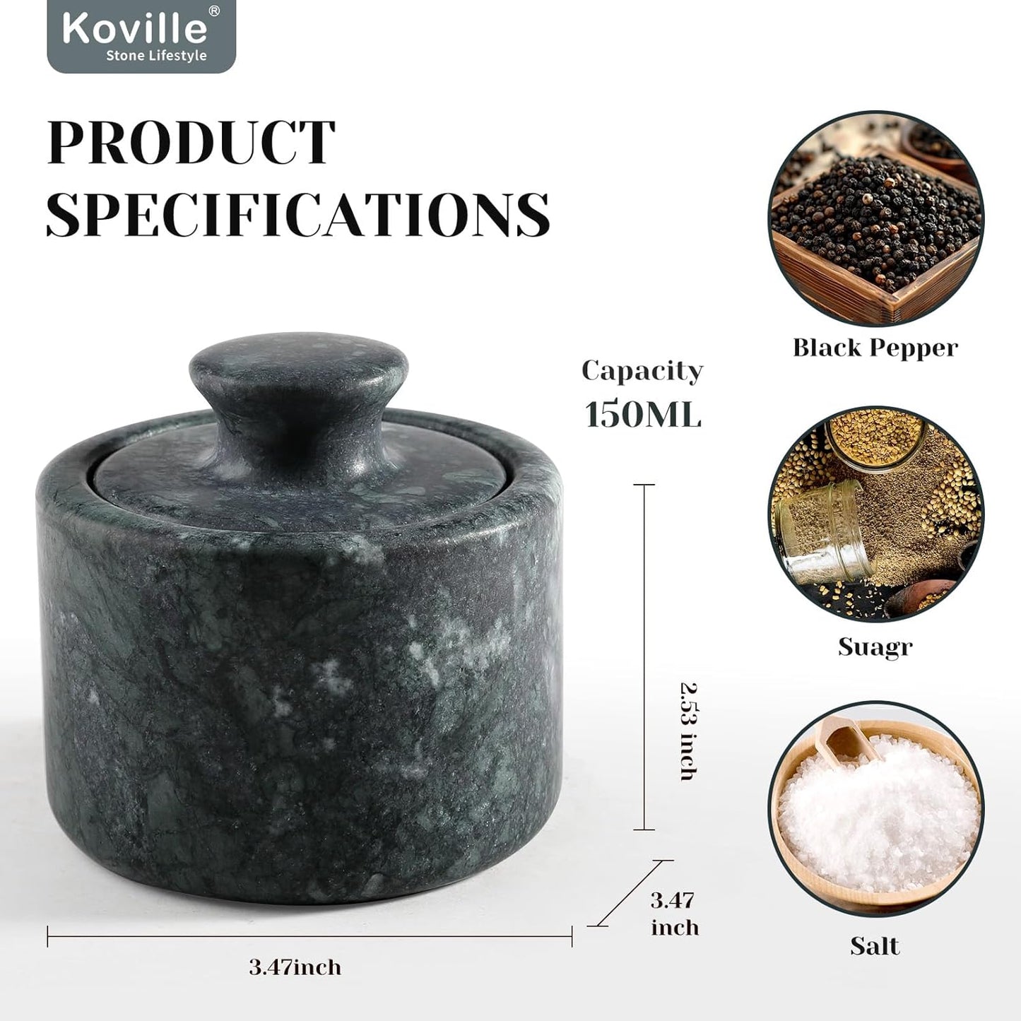 Koville Indian Green Marble Salt Cellar with Lid 3.5", Stone Pepper Container & Spice Jars for Kitchen, Marble Salt and Pepper Holder, Stone Storage Box for Kitchen Counter, Spice Jar