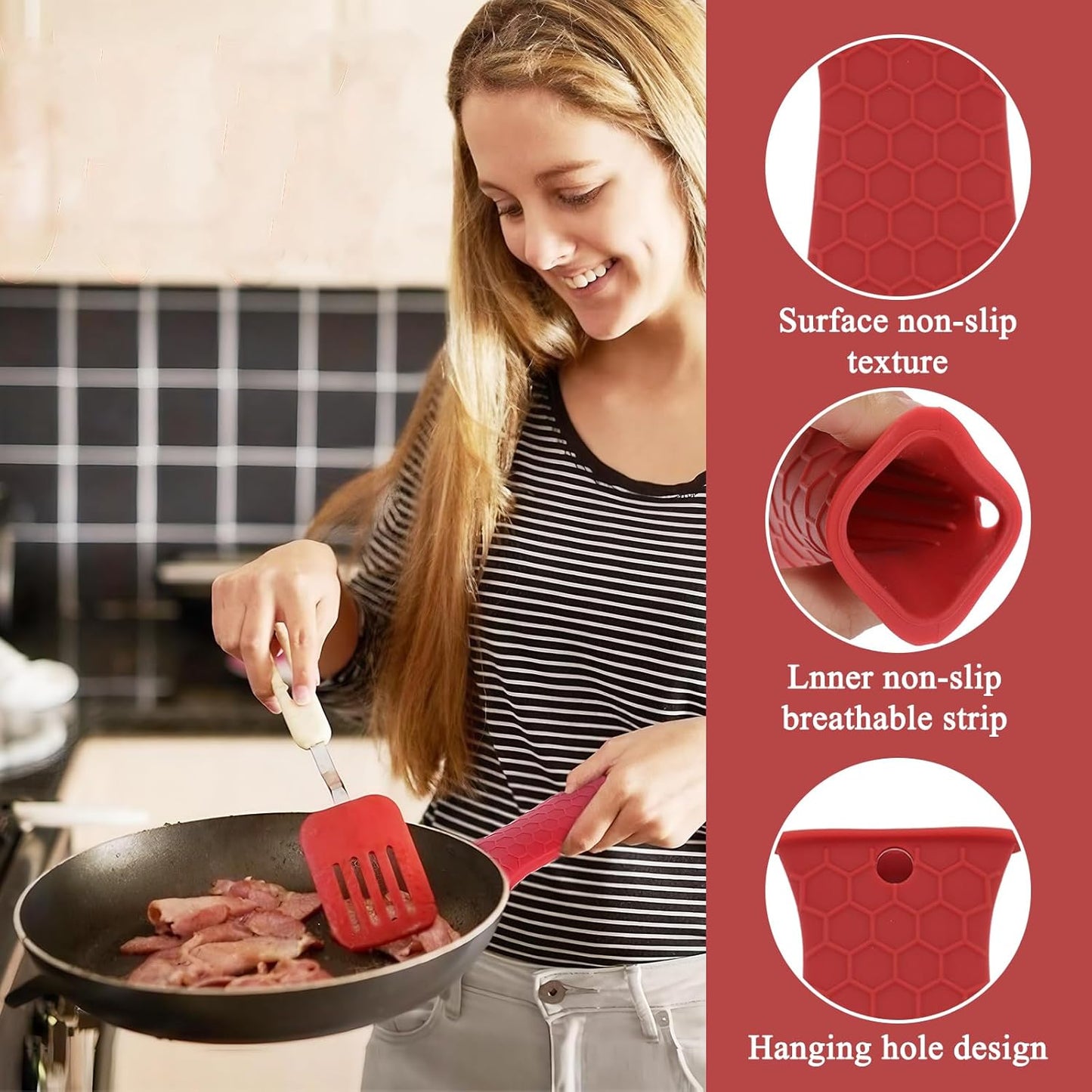 6 Pack Silicone Hot Handle Holder Cover, Heat Resistant Pot Handle Covers, Cast Iron Handles Cover for Frying Pans Skillet Griddles Cookware (Red)