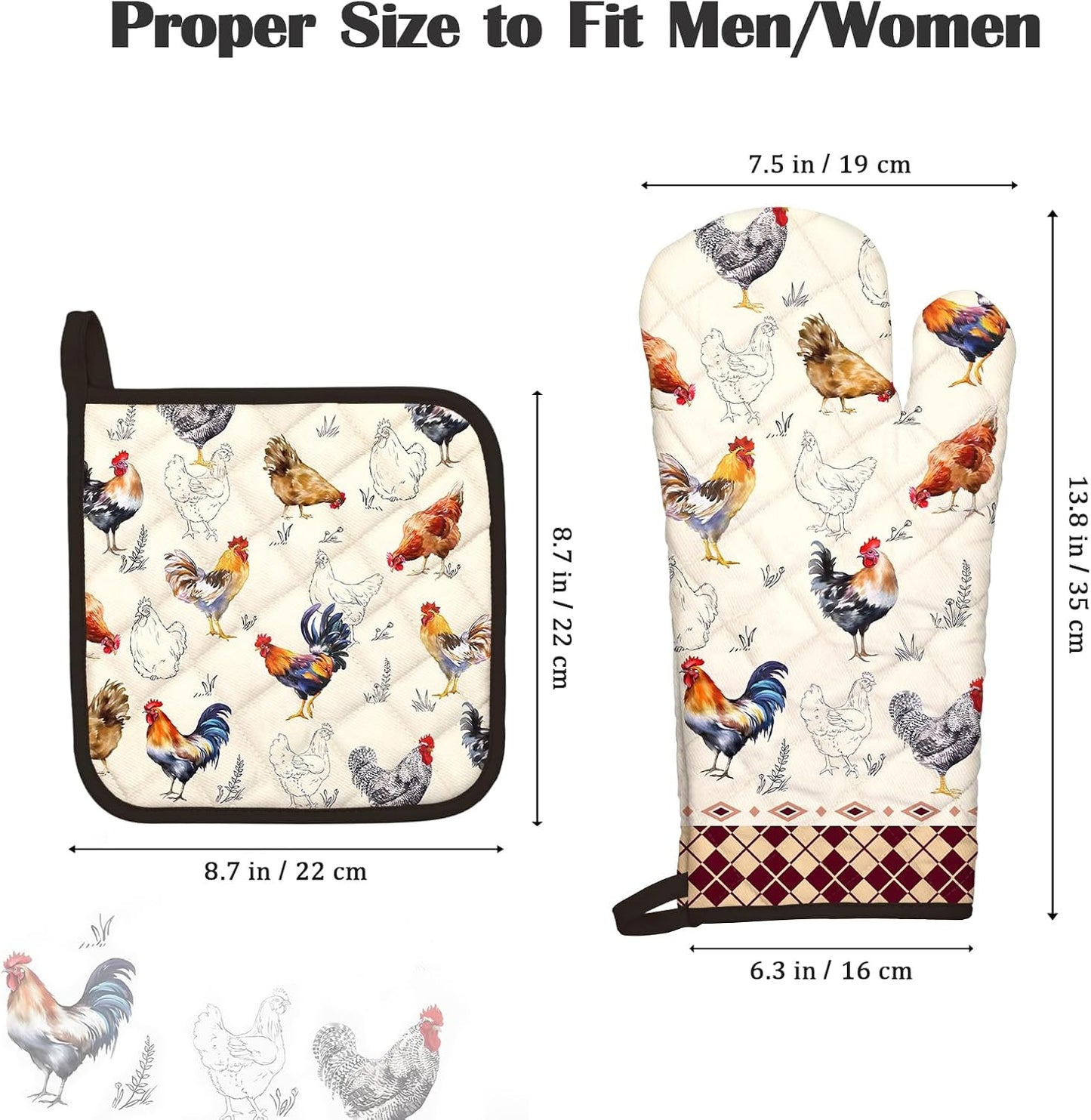 Roosters Oven Mitts and Pot Holders Sets 2Pcs, 100% Cotton Heat Resistant, Extra Long Oven Gloves Potholder for Kitchen Cooking Baking Decoration