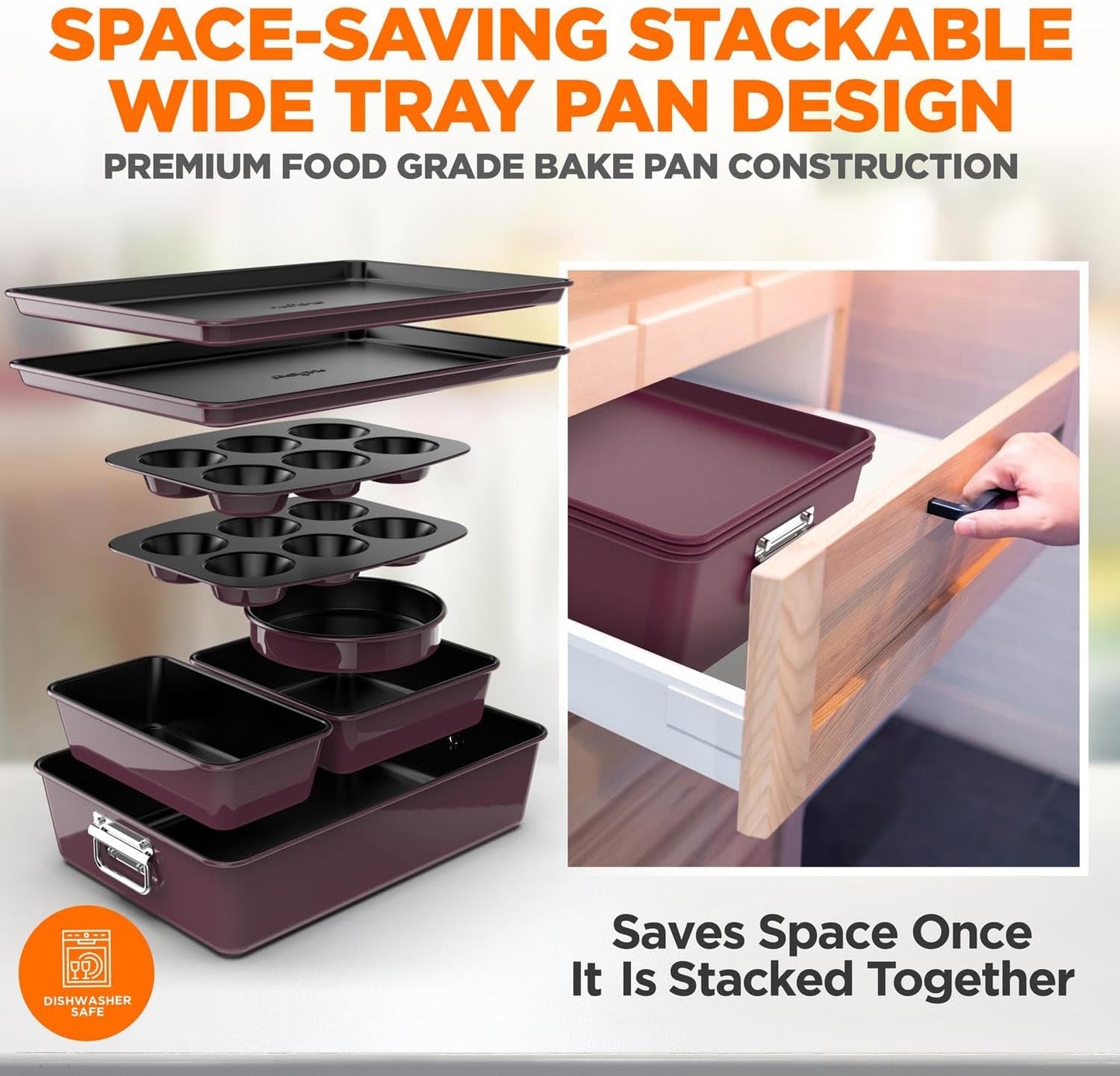 NutriChef 8-Piece Nonstick Stackable Bakeware Set - PFOA, PFOS, PTFE Free Baking Tray Set w/Non-Stick Coating, 450°F Oven Safe, Round Cake, Loaf, Muffin, Wide/Square Pans, Cookie Sheet (Plum)