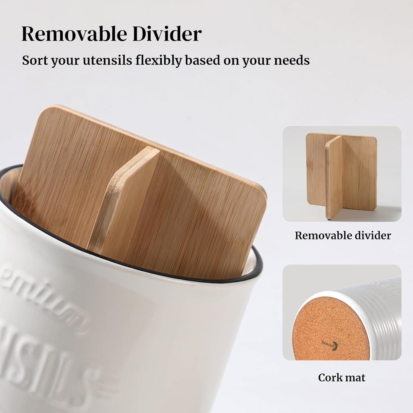 DOWAN 3 Compartment Kitchen Utensil Holder, 7.2″ Extra-Large Ceramic Stable Utensil Caddy, Rustic Cooking Utensil Crock for Farmhouse Kitchen Décor, Utensil Holder for Countertop