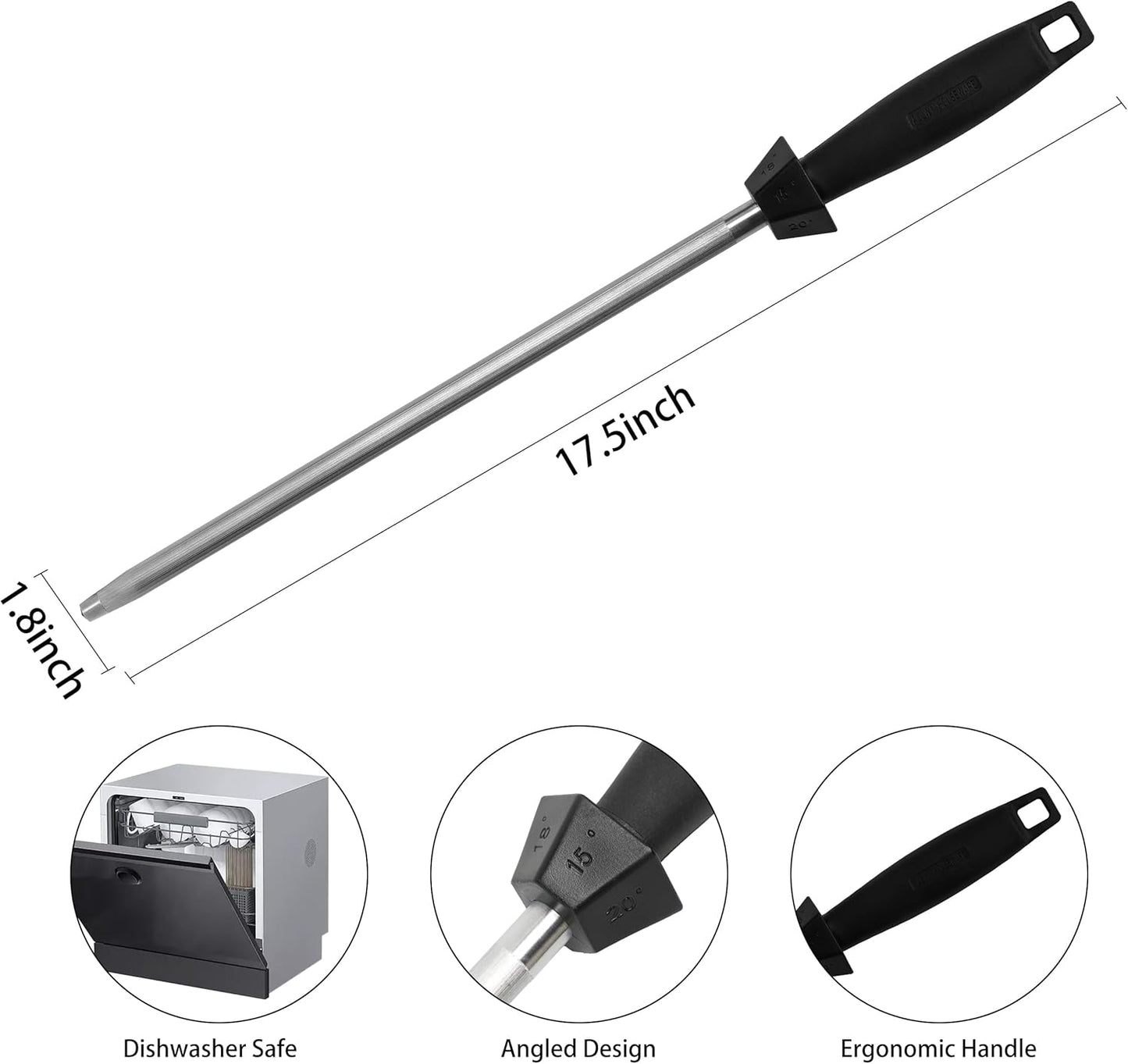 Knife Sharpener Knife Sharpening Rod Honing Steel with 15°-18°-20°Angle Guides Professional Carbon Steel with Black Rubber Grip for Kitchen Chef House Gift 12''