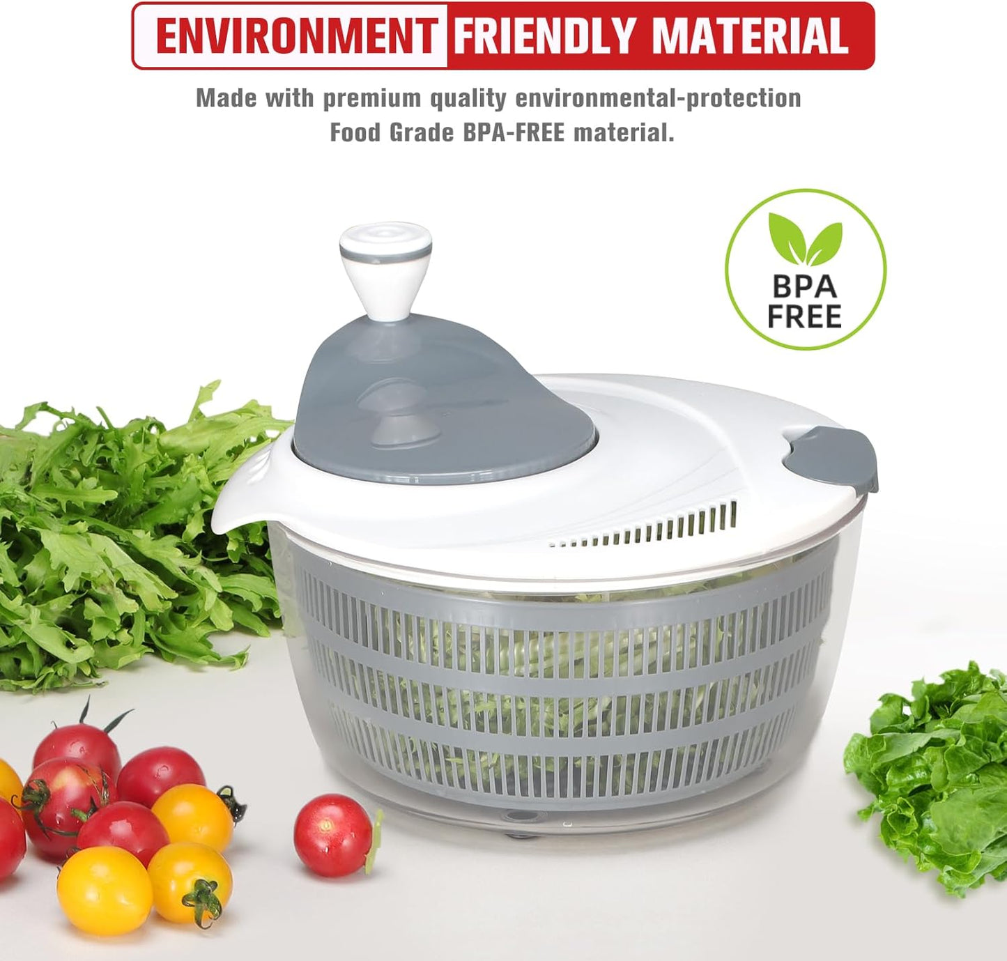 Smile mom Salad Spinner Large Lettuce Spinner Kitchen Gadgets, Large Salad Spinner Vegetable Washer, High Efficiency for Home Kitchen Washing & Drying Leafy Vegetables With Rotary Handle 4.2Qt Grey
