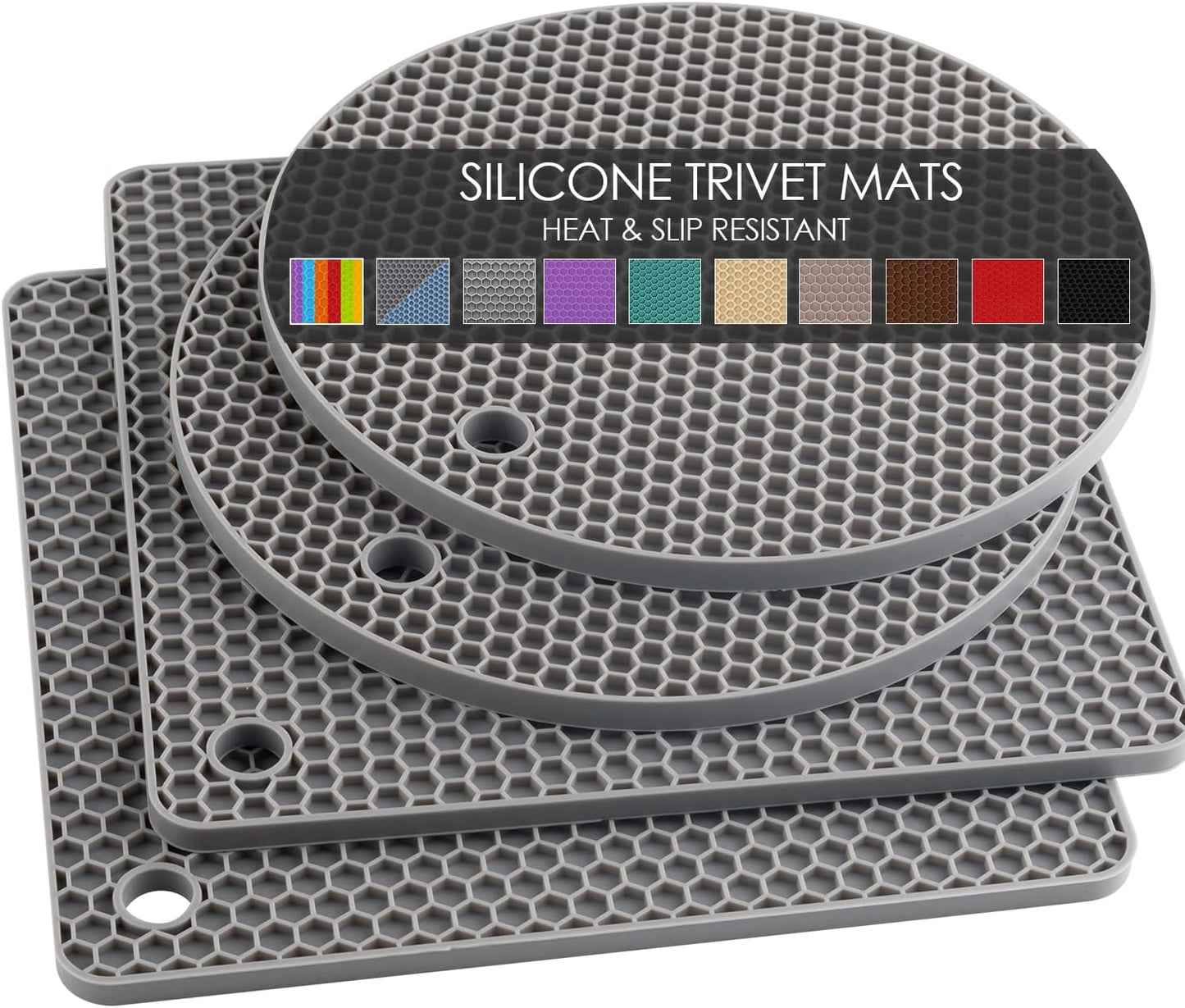 Silicone Trivet Mats, Silicone Pot Holders for Hot Pots and Pans, Heat Resistant Counter Mats for Tables, Countertops, Spoon Rest and Large Coasters, 4 Pack Gray Trivets for Hot Dishes