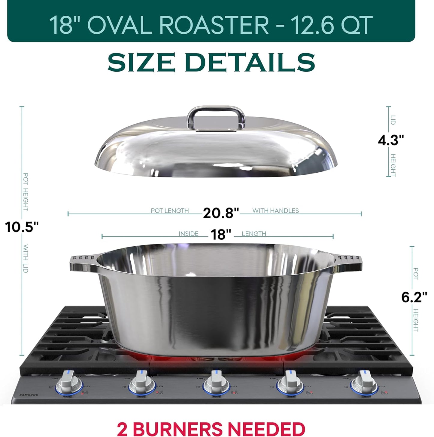 Cast Aluminum Oval Dutch Oven with Lid — 12.6 QT Heavy Duty Roaster Pan with Rack & Silicone Cover Dual Handles — Cajun Cookware for Roasting, Baking, Cooking (18" X-Large)