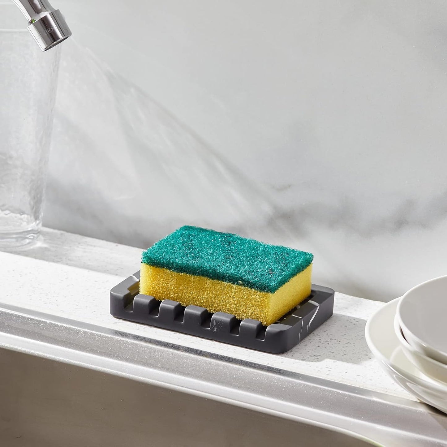 2PCS Self Draining Soap Dish - Marble Look Soap Holder Tray Savers Box Container Sponge Holder for Bathroom Shower Kitchen, Black