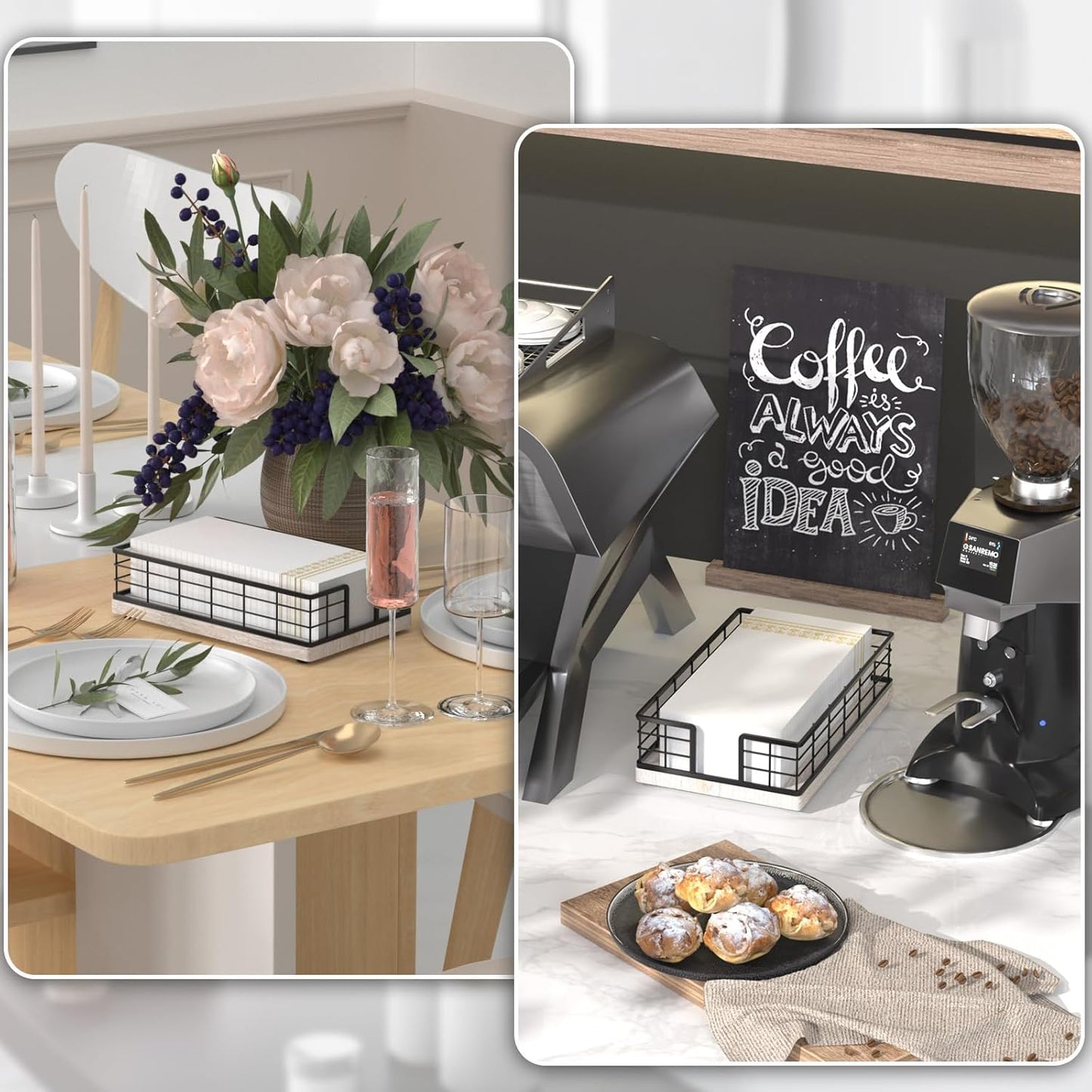 Wican Guest Towel Holder Tray for Bathroom, Ash and Iron Napkins Holder for Powder Room Dinning Table Wooden Basket for Disposable Paper Hand Towels Black and Ash