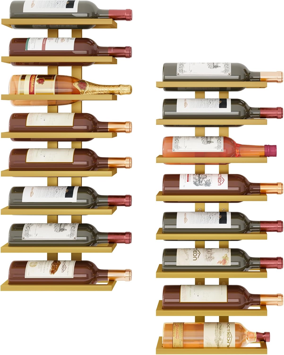 Hoctieon 2-Set 8 Tier Wall Mount Wine Rack (16 Tiers), Wall Racks for Wine Bottles Display and Storage, Hanging Bottle Organizer for Living Room, Dining Room, Wine Cellar, Bar, Gold