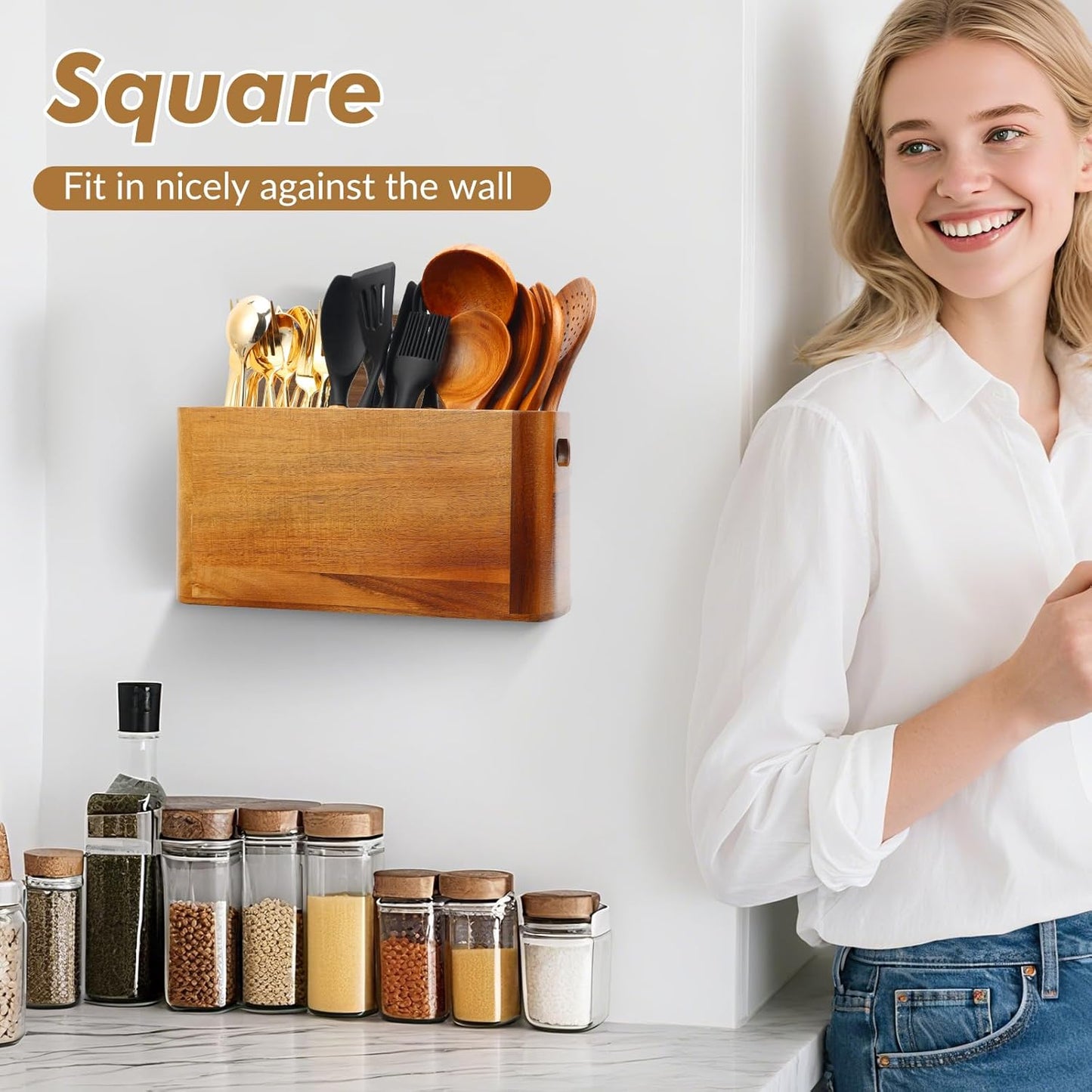 Kitchen Utensil Holder for Counter or Countertop, Extra Large Acacia Wood Organizer with 3 Compartments, Wooden Storage for Cooking and Silverware, Rustic Minimalist Decor, Sturdy Utensil Crock