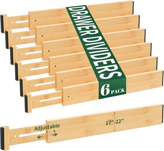 6 Pack Bamboo Drawer Dividers 2.6" High,17-22" Adjustable Spring Loaded Drawer Organizers for Kitchen, Dresser, Bathroom, Bedroom and Office