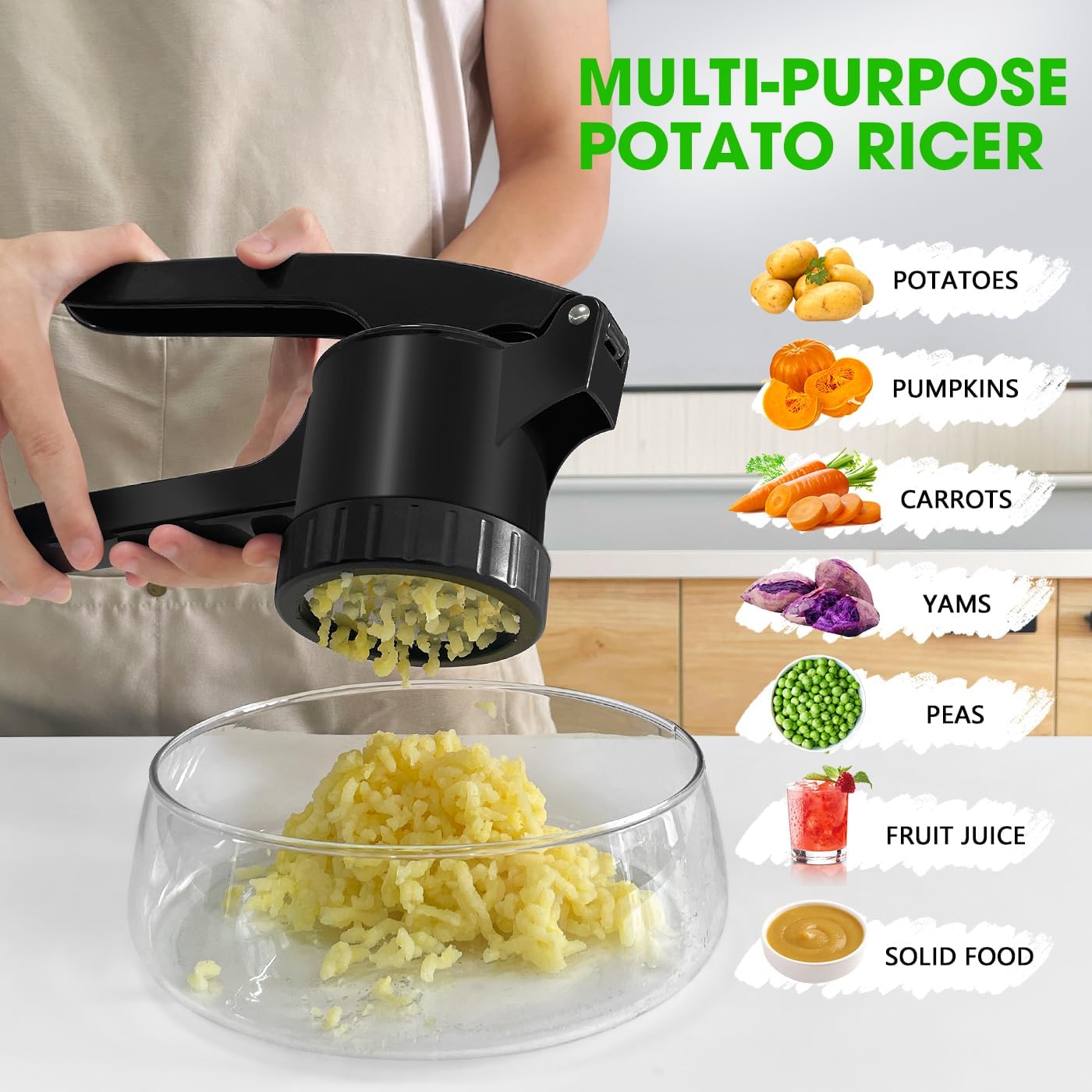LHS Potato Ricer, Potato Masher for Potatoes with 3 Interchangeable Discs, Large Capacity Potato Masher and Ricer Kitchen Tool for Fruit, Vegetables, Baby Food, Black