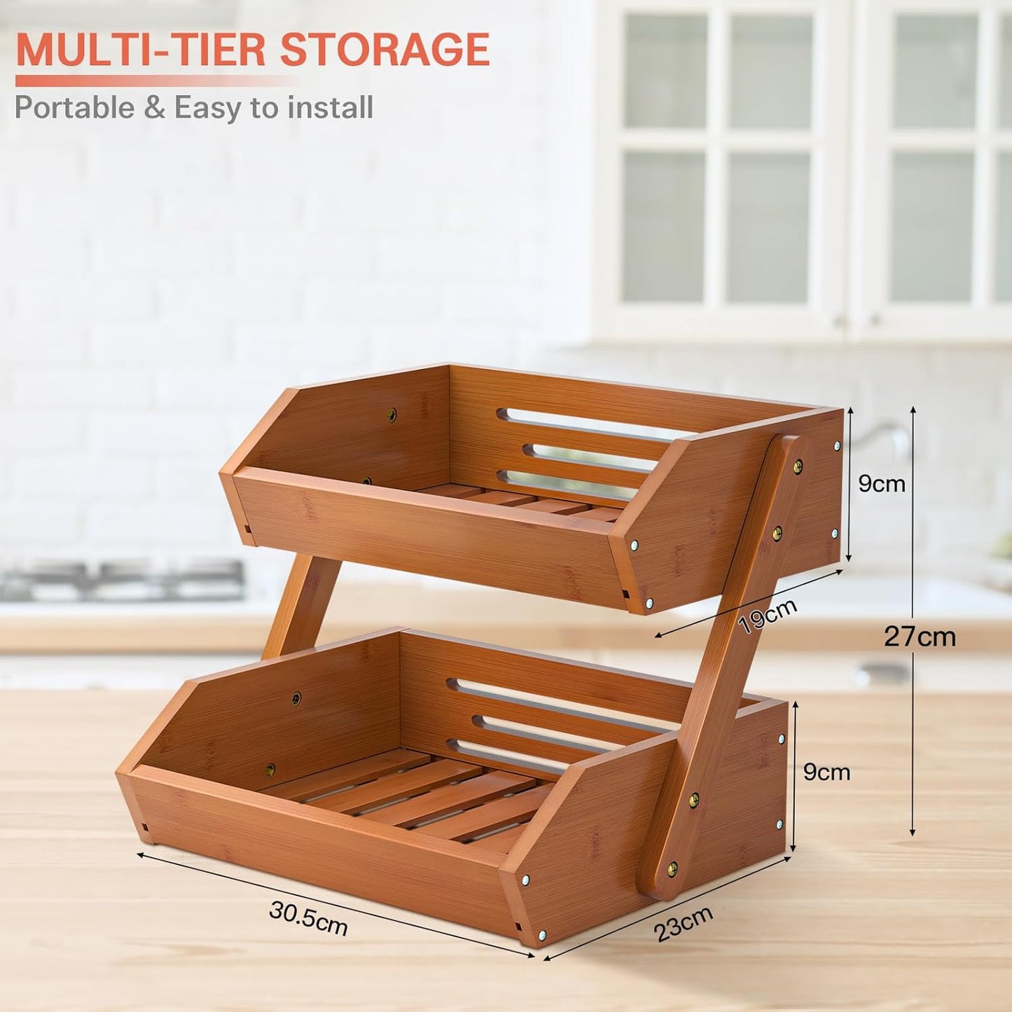 G.a HOMEFAVOR Fruit Basket for Kitchen, 2-Tier Fruit Bowl for Kitchen Counter, Vegetable Storage Stand for Fruit Shop, 15 mm Thickness, Brown