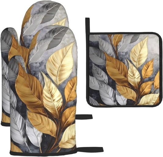 Gold Silver Tropical Leaves Oven Mitts and Pot Holders Sets of 3 Modern Hot Pads Heat Resistant Non Slip Washable for Cooking Grilling Baking BBQ Kitchen Decor