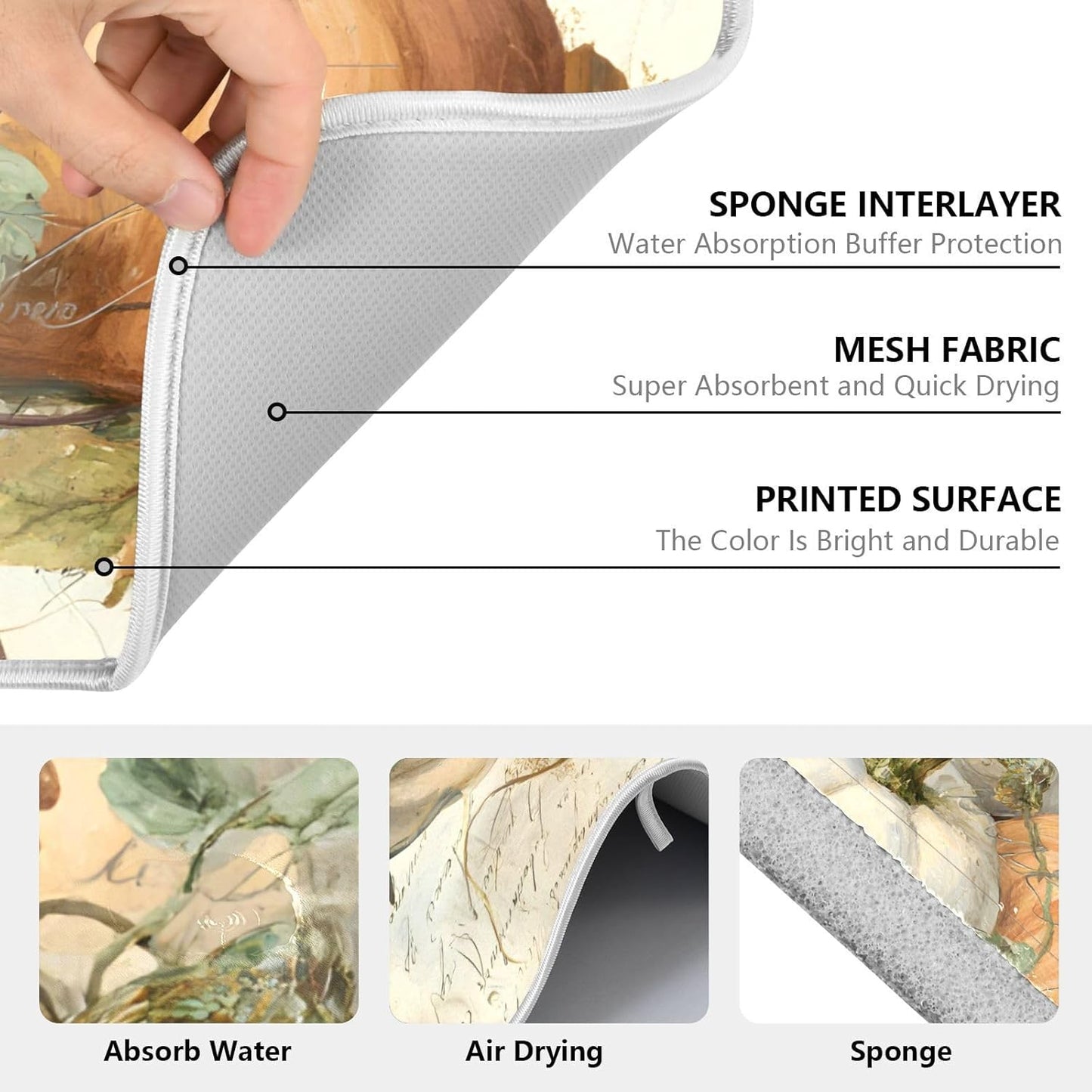 Autumn Pumpkin Fall Leaves Thanksgiving Dish Drying Mat for Kitchen Counter Absorbent Microfiber Small Drying Pad Dish mats for Kitchen Countertops 16 x 18 Inch