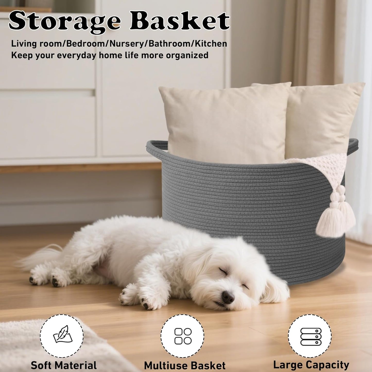 Large Blanket Basket for Organizing,115L Closet Organizers and Storage Bins Box for Shelves Woven Rope Storage Baskets,Living Room,Bedroom,Dorm,Laundry room (Dark Grey)