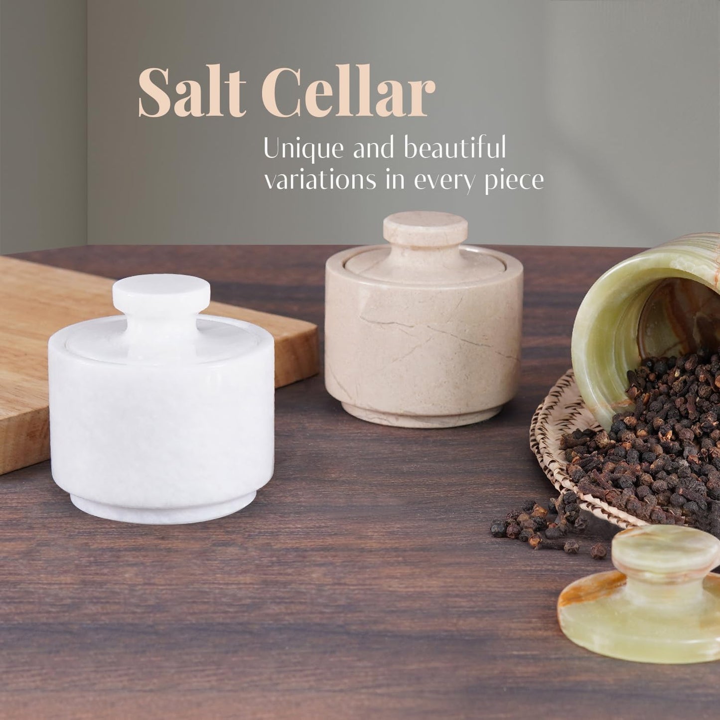 Marble Salt Cellar with Lid 3" White Salt Box, Stone Salt Container & Spice Jars, Stone Salt Holder for Counter, Spice Jar & Salt Jar