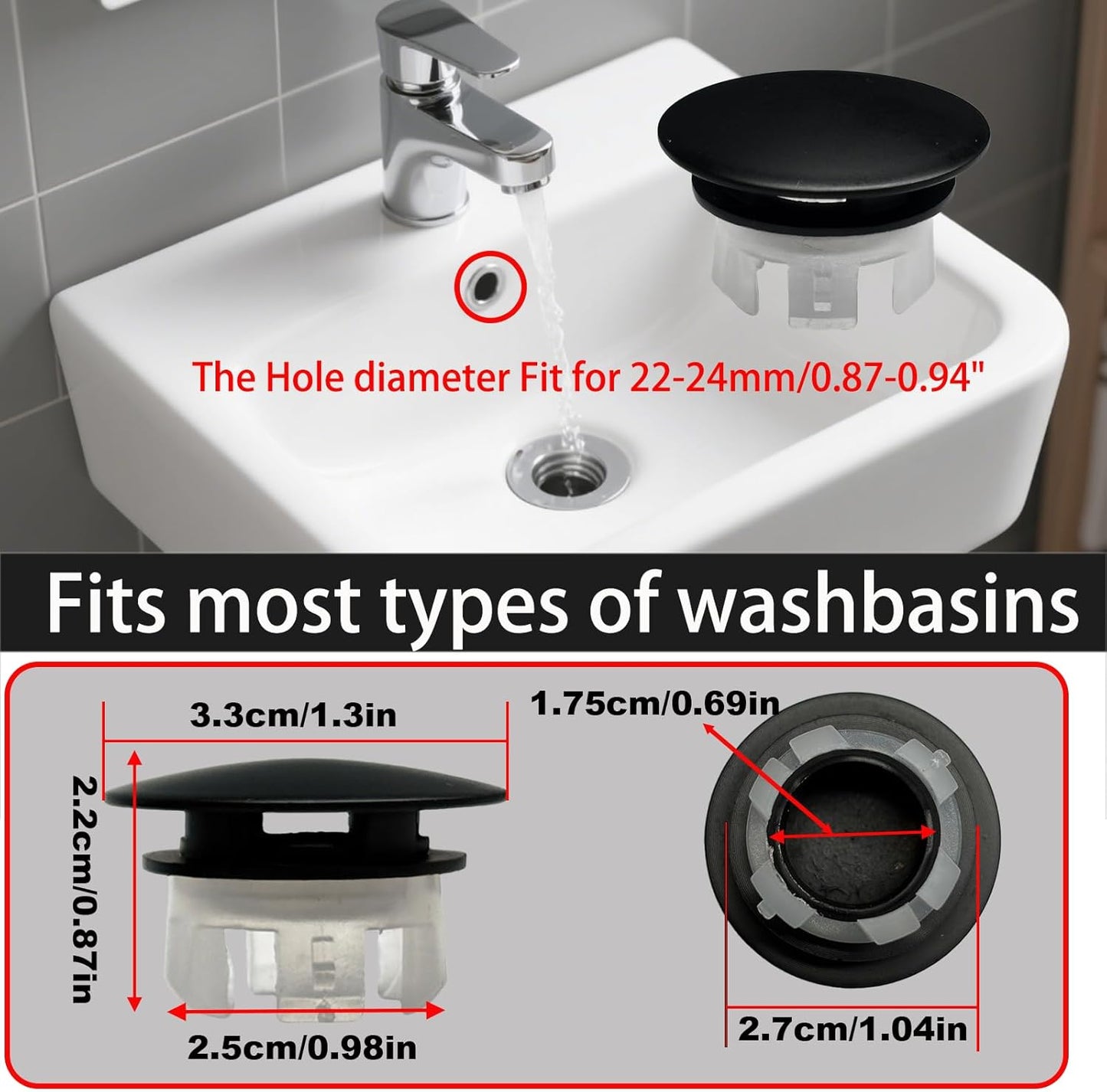 2 Pack Sink Basin Overflow Trim Ring,Solid Brass Bathroom Sink Trim Overfollow Cover,Bathroom Kitchen Sink Trim Overflow Cover Insert in Hole Round Caps(Black)