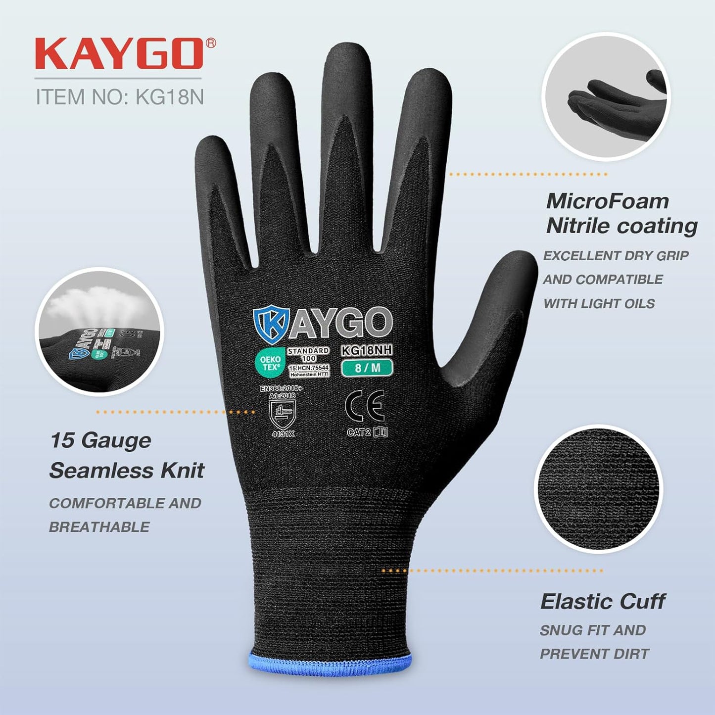 KAYGO Safety Work Gloves MicroFoam Nitrile Coated, 12 Pairs KG18NB,Seamless Knit Nylon Glove with full fingers Touchscreen, Ideal for Automotive,Warehouse,Construction (Large, Black)