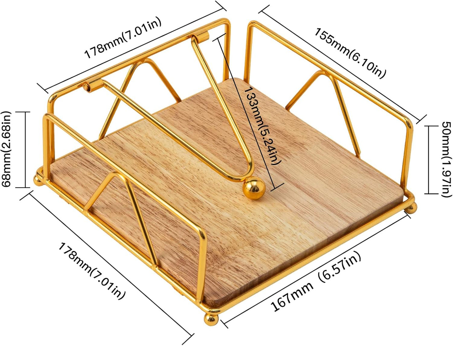 Square Napkin Holder - Durable Table Napkin Dispenser with Weighted Arm, Metal Napkin Storage with Wooden Base, Farmhouse Napkin Holder for Table, Kitchen and Countertops (Gold)