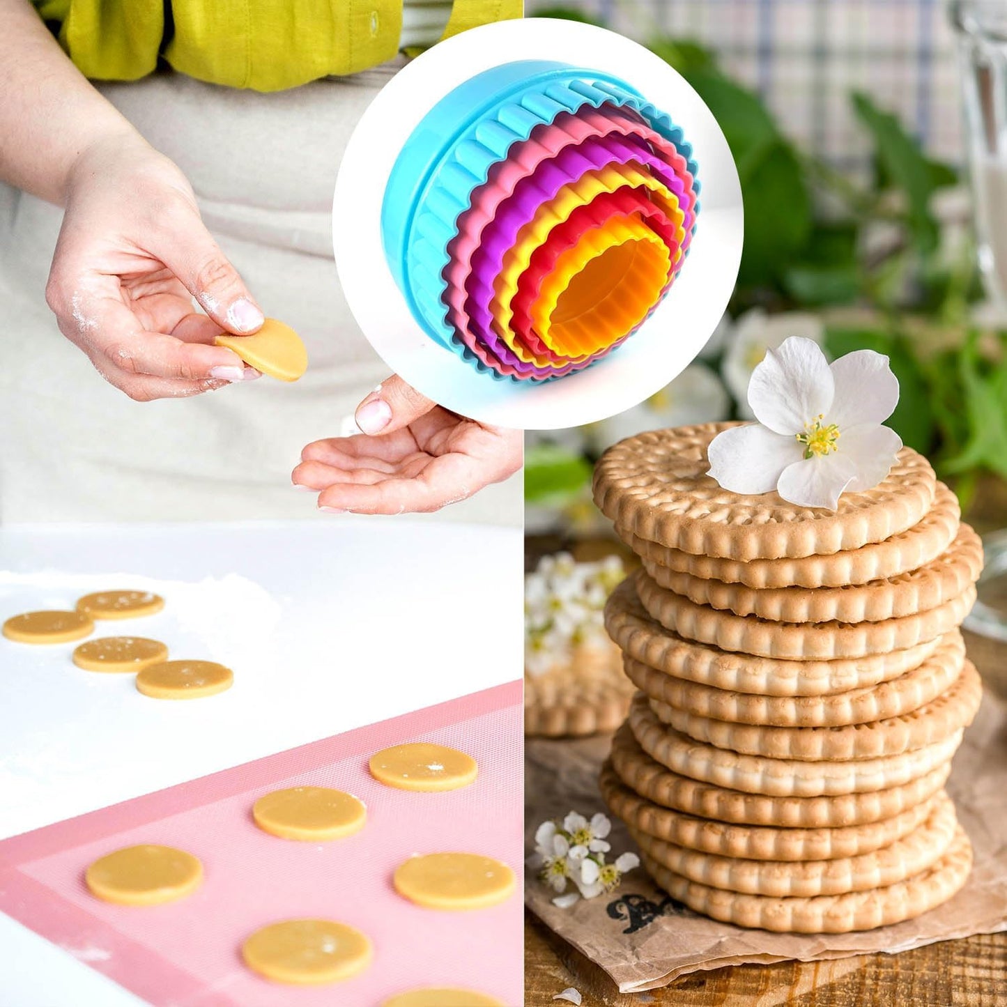 Cookie Biscuit Cutter Set, Two Side Cookie Cutters Plastic Set Multi-size Cake Fruit Vegetable Shapes Cutter Random color (Round Shaped, 6 Pack)