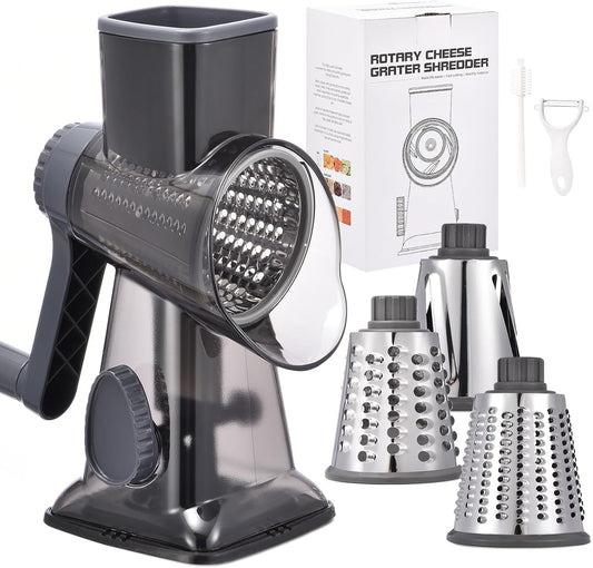 Rotary Cheese Grater Hand Crank Cheese Shredder Vegetable Mandoline Slicer for Kitchen 3 in 1 Changeable Blades for Cheese Potato Nuts Chocolate Ice （Grey TSP)
