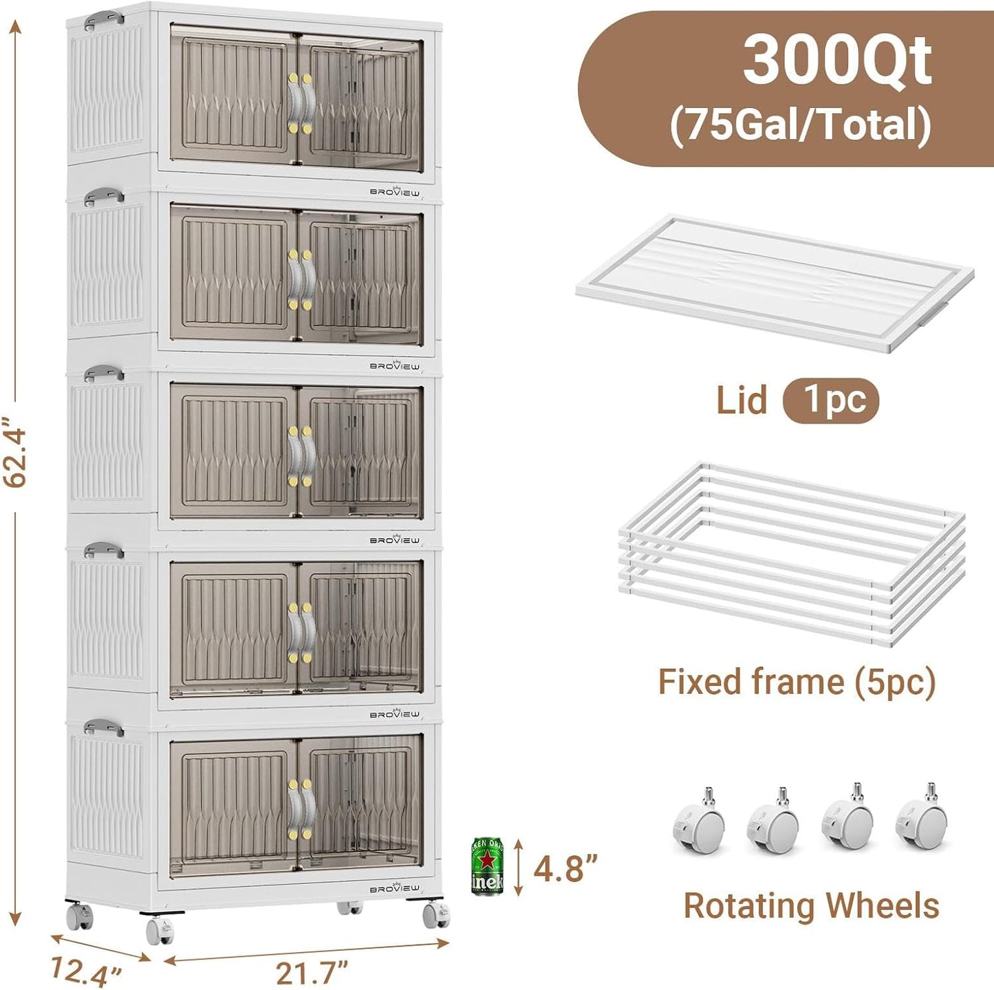 300Qt Stackable Storage Bins with Lid, Extra Large Closet Organizer Collapsible Drawer Boxes with Wheels, Folding Plastic Cabinet Containers for Home Kitchen Room Organization, 5Pack White
