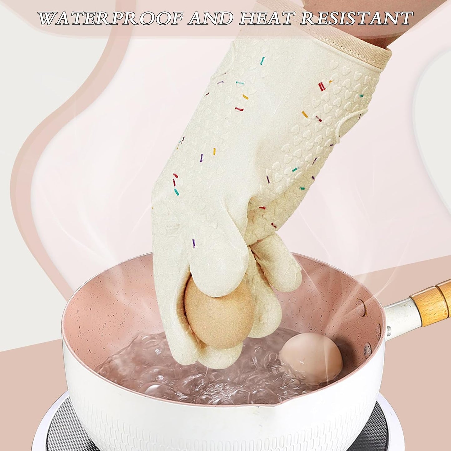 Oven Mitts with Fingers, Heat Resistant 500°F, Waterproof & Non-Slip Kitchen Gloves for Baking, Grilling, Cooking - 5-Finger Design with Soft Lining, Hanging Hook,Candy Bar