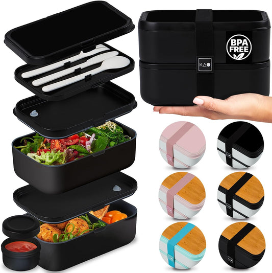 Double Premium Bento Box Adult, 67 fl oz BPA-Free - Black Stackable Lunch Box with Leak-Proof Lids & Dividers, Perfect for Meal Prep, Lunches & Portion Control