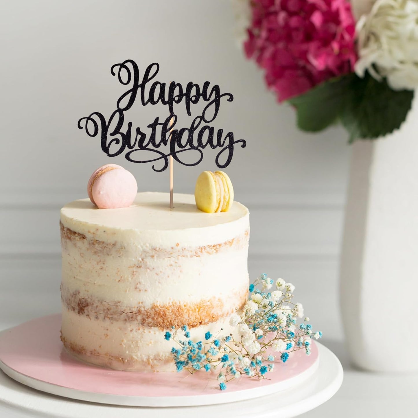 Happy Birthday Cake Toppers 9 Inch Glitter Happy Birthday Cake Pick for Birthday Anniversary Theme Party Cake Decorations Supplies - Black