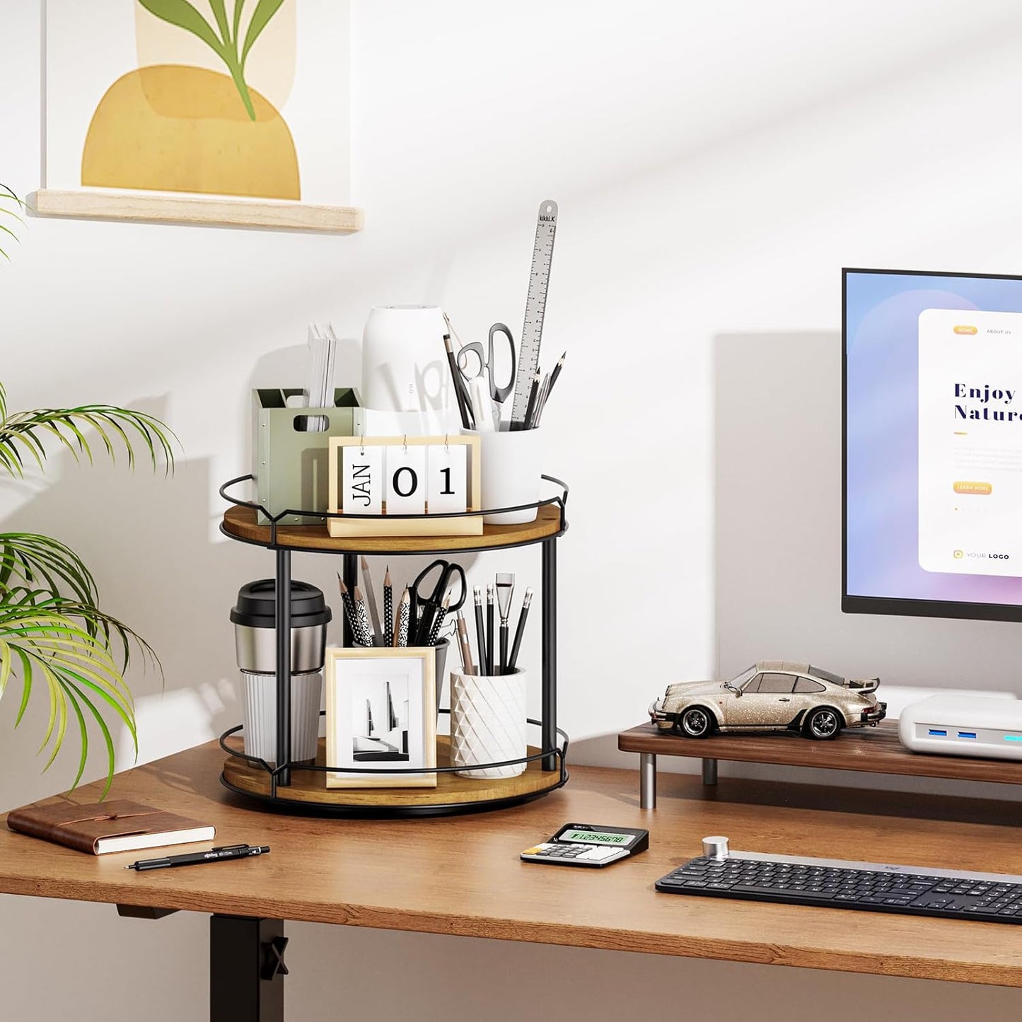 12.4" Lazy Susan Organizer 2 Tier - Rotating Spice Rack, Wooden Spinning Spice Holder for Inside Cabinet, Pantry, Kitchen, Countertop, Bathroom and Vanity, Versatile Storage