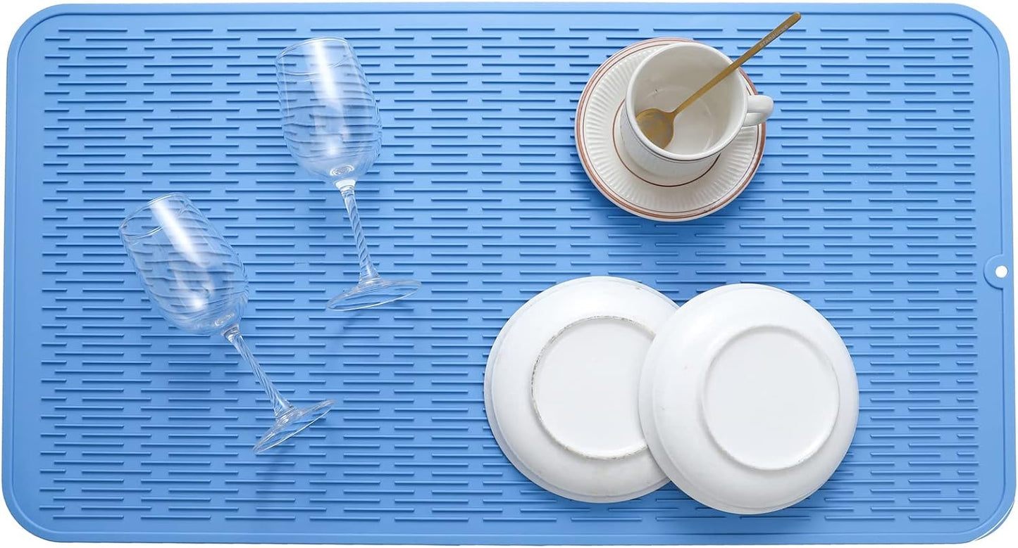 Silicone Dish Drying Mat for Multiple Usage,Easy clean,Eco-friendly,Heat-resistant Silicone Mat for Kitchen Counter or Sink,Refrigerator or Drawer Liner Lichen BlueL 4XL 32 inches x 18 inches