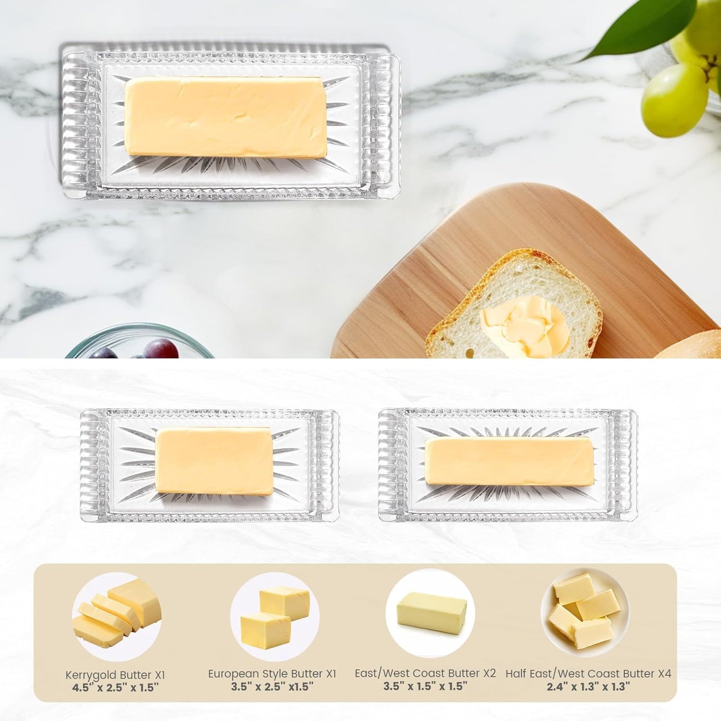 Butter Dish with Lid for Countertop,Glass Butter Container for Counter,Covered French Butter Tray,Large and Wide Butter Tray Holder for Fridge or Keepers on Counter (Clear-6)