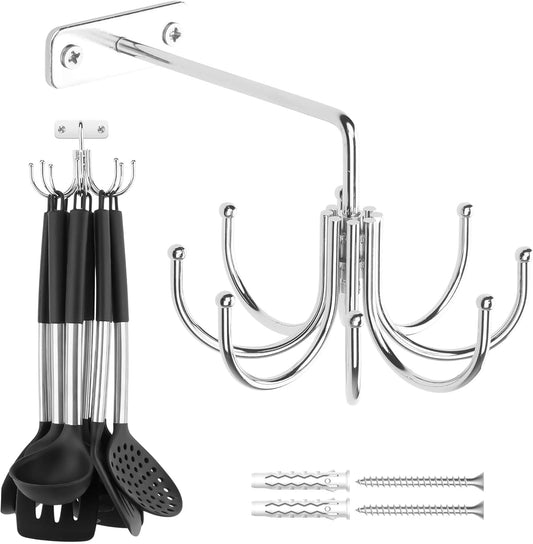 ZEDODIER Kitchen Cooking Utensil Holder, 360° Rotating Kitchen Hooks for Hanging Utensils, Heavy Duty Metal Utensil Rack with 8 Storage Capacity for Utensil, Towel, Pot, Glove, Aprons, Silver