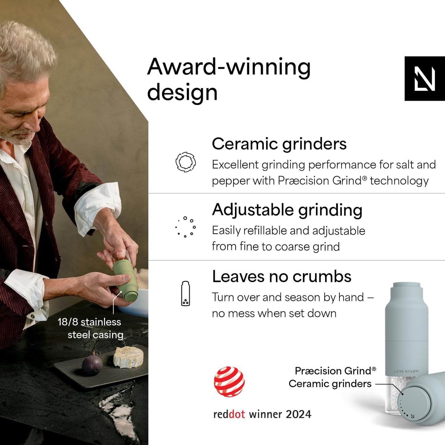 LARS NYSØM Salt and Pepper Grinder Set, Stainless Steel Manual Salt and Pepper Mills, Adjustable Ceramic Grinder, Design Spice Shakers (Sky Blue)