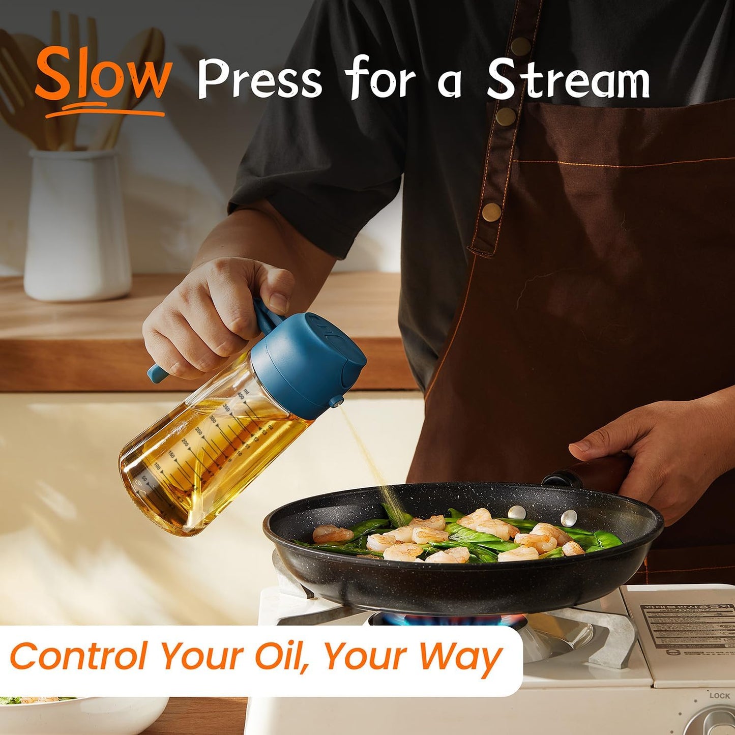 TrendPlain 16oz/470ml Glass Olive Oil Sprayer for Cooking – 2 in 1 Olive Oil Dispenser Bottle for Kitchen Gadgets and Air Fryer Accessories, Salad, BBQ - Black & Navy