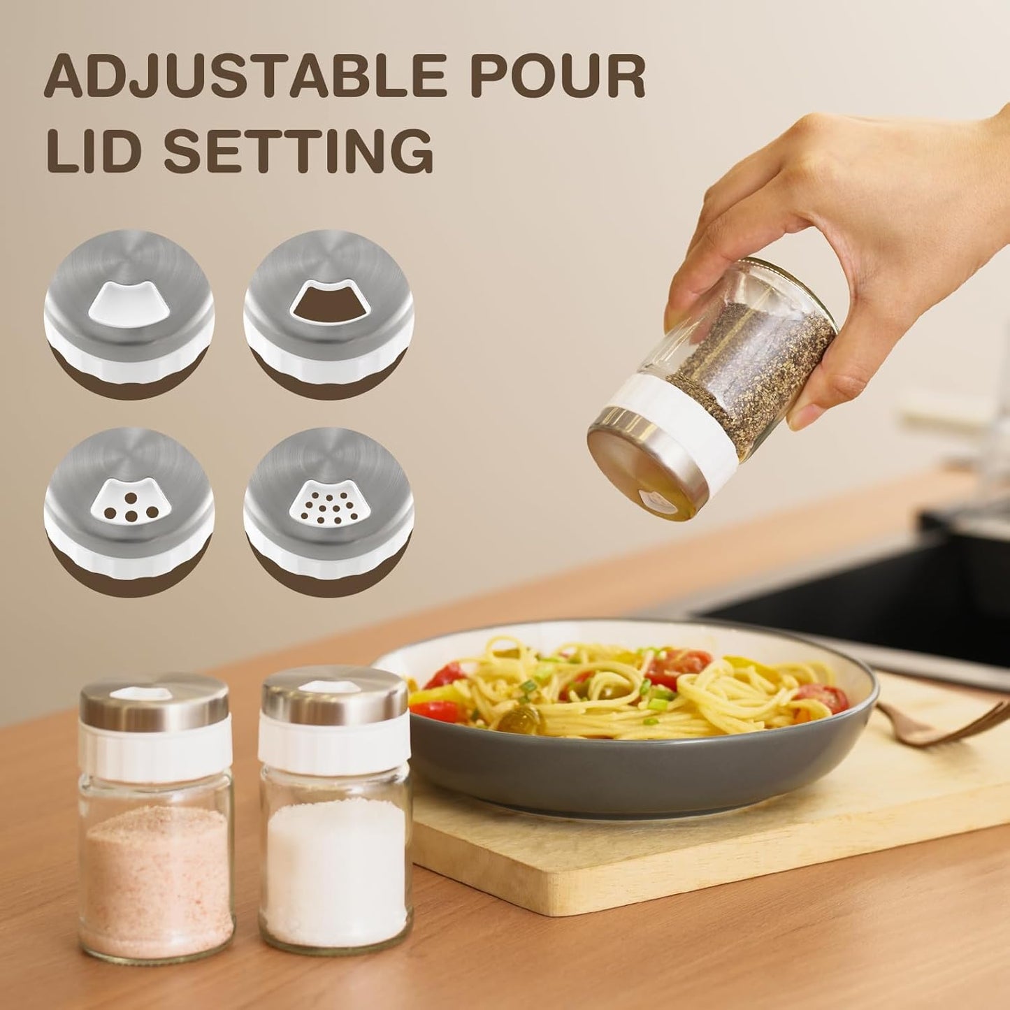VUCCHINI Salt and Pepper Shaker Set with Adjustable Pour Holes 3.4 oz Seasoning Spice Shaker with Lid Stainless Steel Salt Dispenser Farmhouse Kitchen