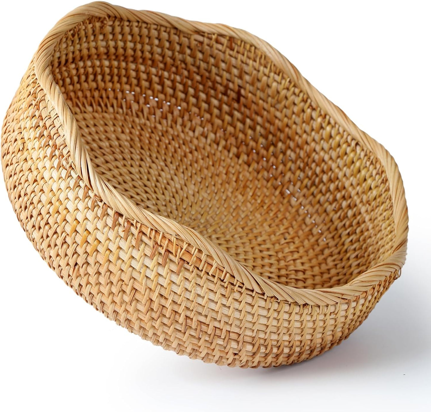 Rattan Scalloped Bread Basket, Round Fruit Baskets, Wicker Storage Bowls, Natural Woven Serving Basket Bowls, Decorative Baskets for Kitchen Counter Organizing, 1 PCS, 11.2 x 11.2 x 3.9 inches
