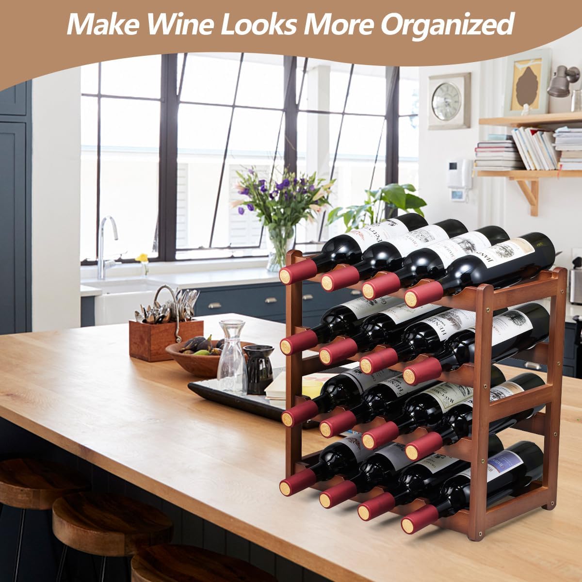 Bamboo Wine Rack,4 Tier, Wine Bottle Holder, Hold 16 Bottles for Home Kitchen, Dinging Room, Pantry, Cabinet, Bar