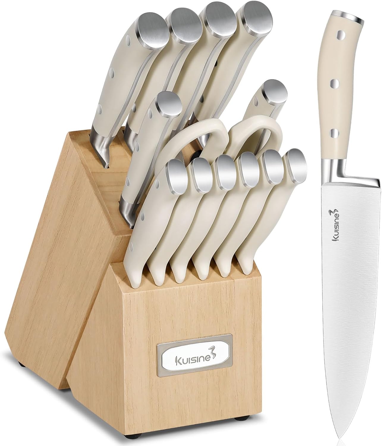 Kuisine Chef Knife Set,High Carbon Stainless Steel Sharp Knife Set Ergonomic Handle,Kitchen Knife Block Set with Built-in Sharpener(Ivory Pro,15PCS)